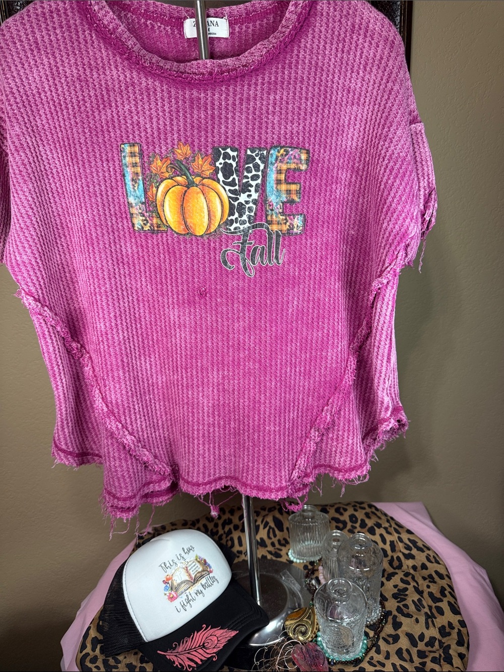 Womens custom Zenana Pink Distressed 'Love Fall' Waffle Knit Distressed Blouse